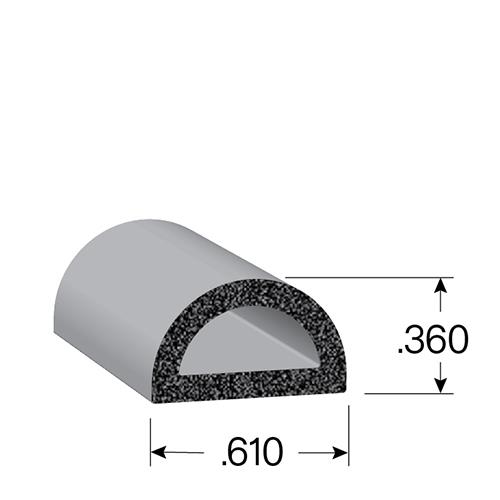 Graphic of D-shaped rubber seal with measurements of .610W x .360H, in black